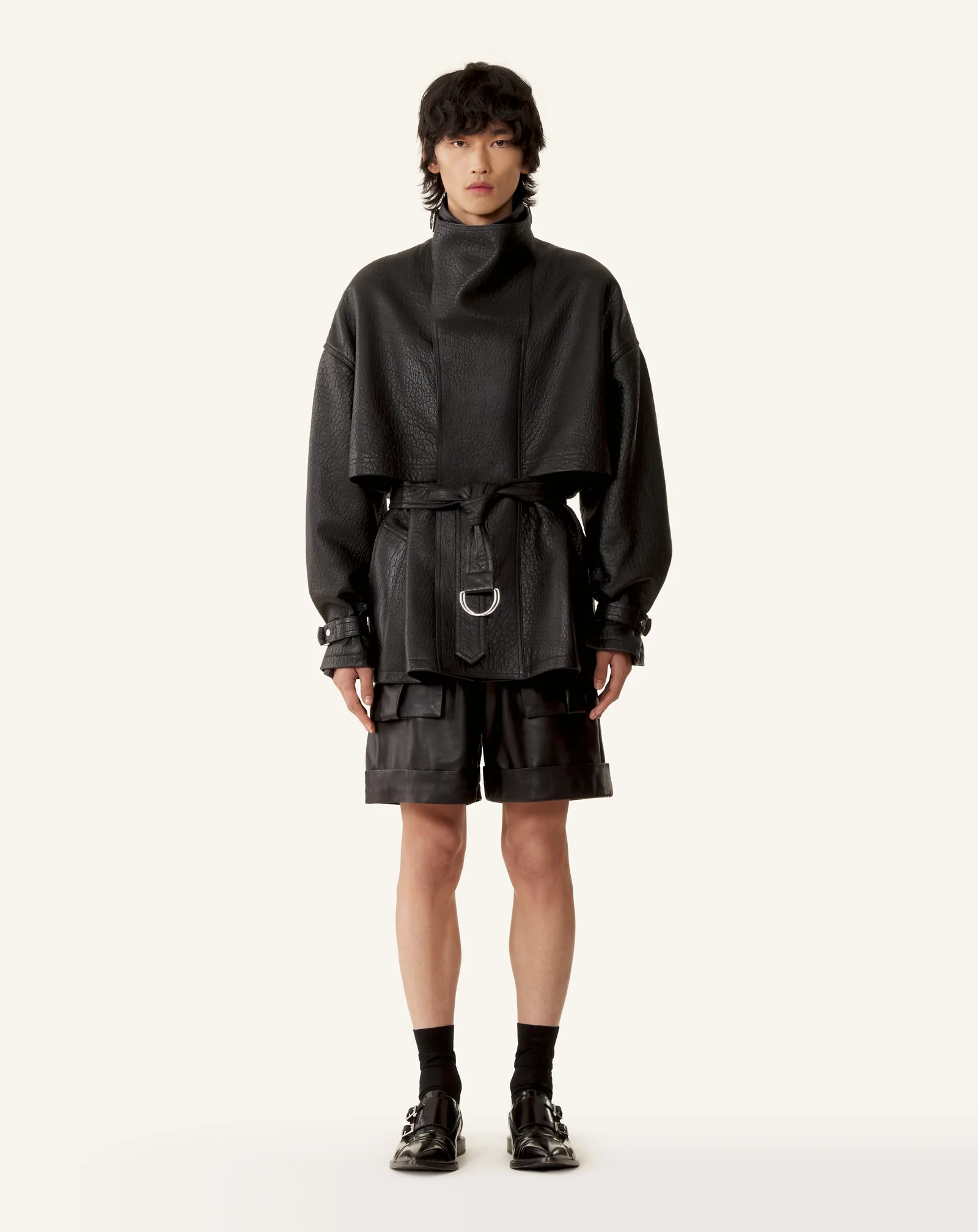 STAND COLLAR LEATHER JACKET - Image 3